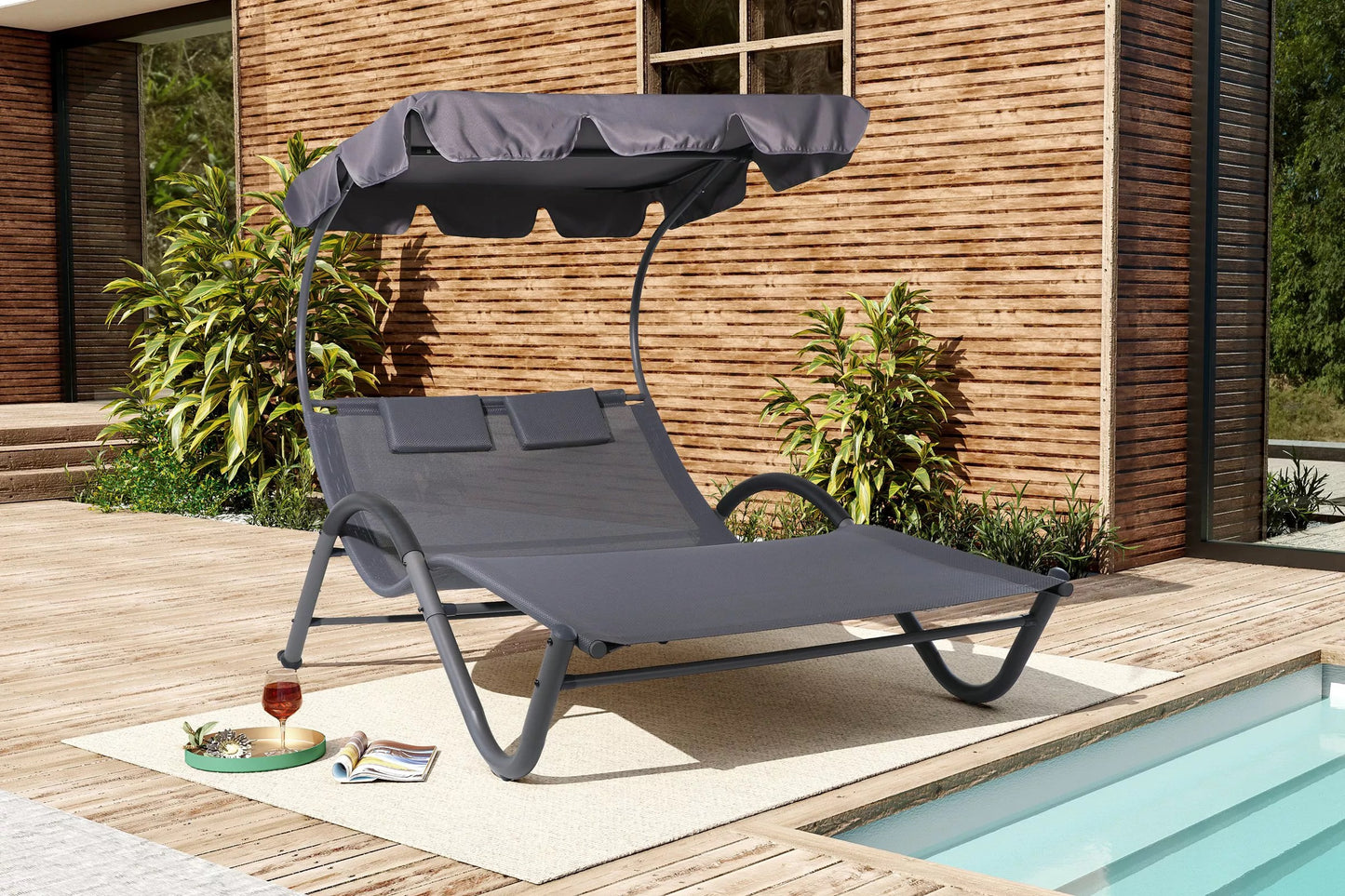 OUTFLEXX Doppelliege, anthrazit, Polyester/Stahl pulverbeschichtet, 205x138x34cm, inkl. Nackenkissen, rollbar