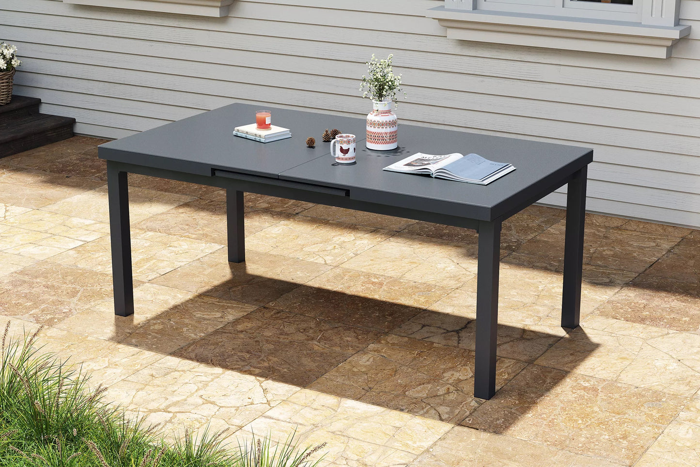 OUTFLEXX Premium Ausziehtisch, anthrazit matt/grau, Alu/Glas, 180/240x100cm, automatischer Ausziehmechanismus