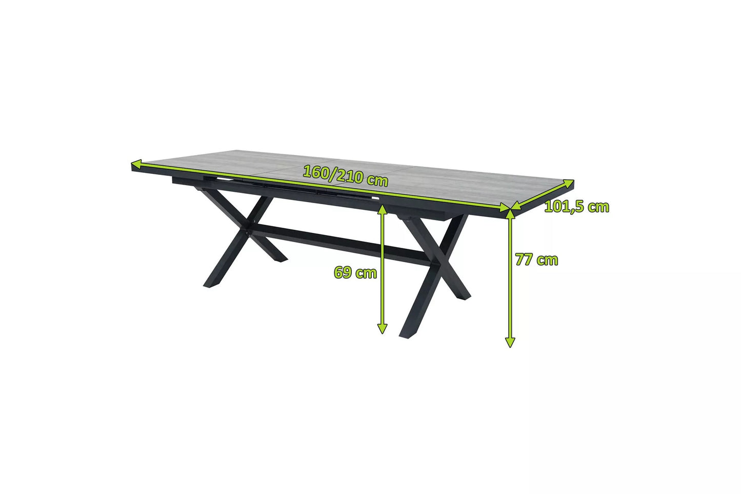 Ploß Louvra Auszugs-Dining-Tisch, anthrazit/Holzoptik, Alu/Keramik, 160/210x100,5cm, Tischplatte aus Keramikfliesen