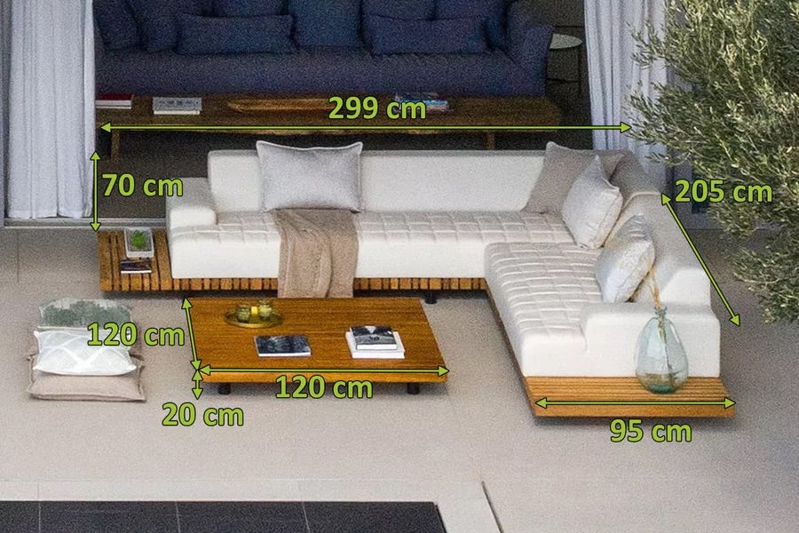 OUTFLEXX Icon Ecklounge, natte/natur, Alu/Teak/Sunbrella, 4-5 Personen, inkl. Loungetisch, Seitenablage aus Teak