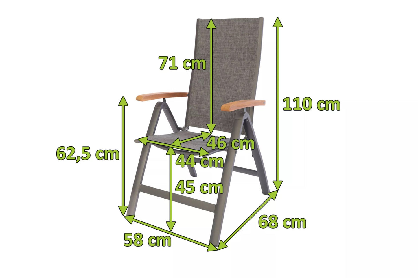 VILLANA Multipositionssessel, anthrazit, Alu/Textilene, 68x58x110, FSC Armlehnen Akazienholz, verstellbar