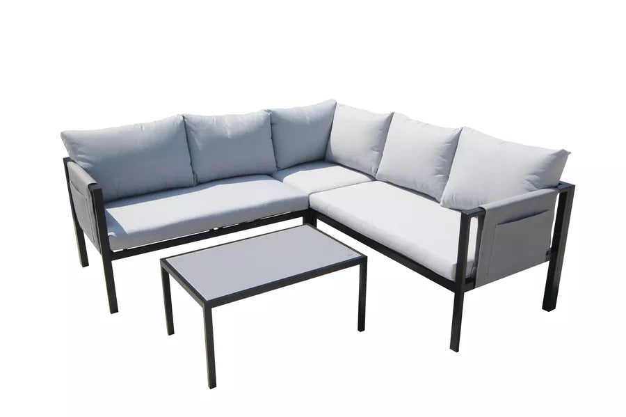VILLANA Ecklounge, grau, Stahl, für 5-6 Personen, inkl. Couchtisch & Seitentasche