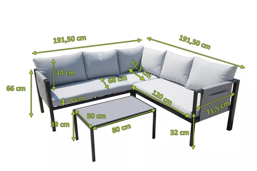 VILLANA Ecklounge, grau, Stahl, für 5-6 Personen, inkl. Couchtisch & Seitentasche