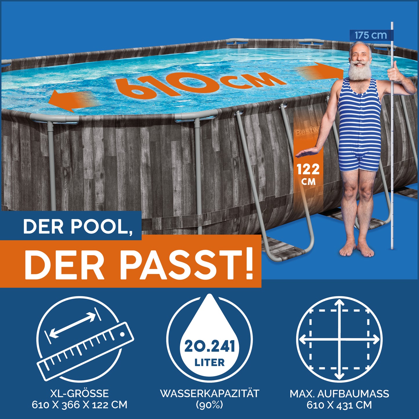 Power Steel™ Frame Pool Komplett-Set mit Filterpumpe 610 x 366 x 122 cm , Holz-Optik (Mooreiche), oval