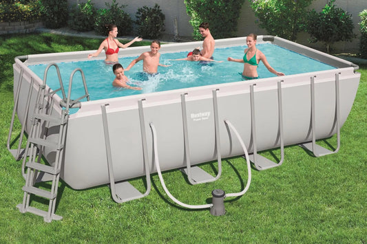 BESTWAY Power Steel Pool mit Gestell, grau, 488x244x122cm, mit Filterpumpe, Leiter, Abdeckplane