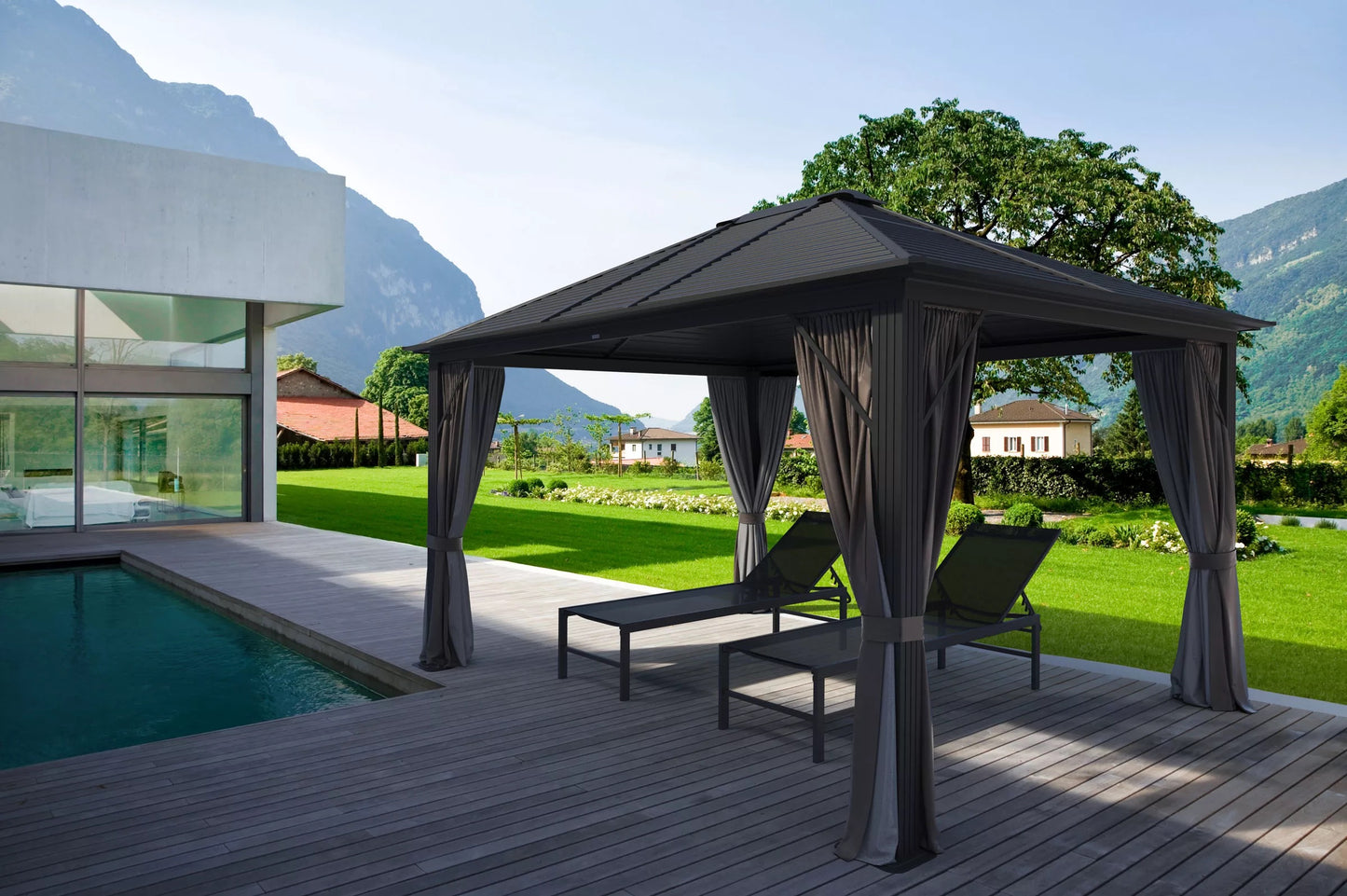 OUTFLEXX Hardtop Pavillon, braun, Aluminium, 300x365cm, inkl. Seitenteile und Insektennetz