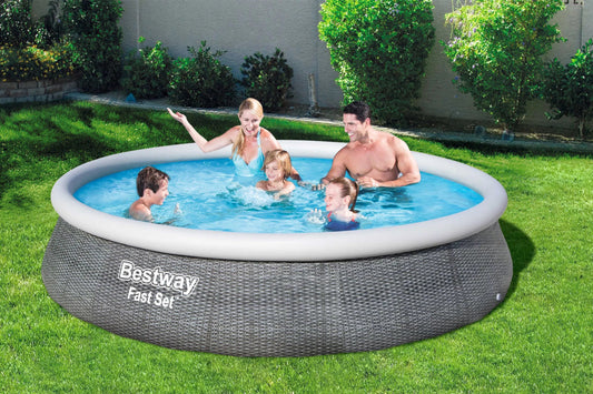 BESTWAY Fast Set Pool, grau (Rattanoptik), TriTech, Ø 396 x 84 cm, mit Filterpumpe, selbstaufbauend