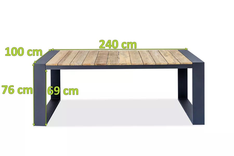 OUTFLEXX Kona Esstisch, dark grey/natur, Alu/recycled FSC®-Teak, 240x100x76cm, rustikal gebürstet, U-Gestell