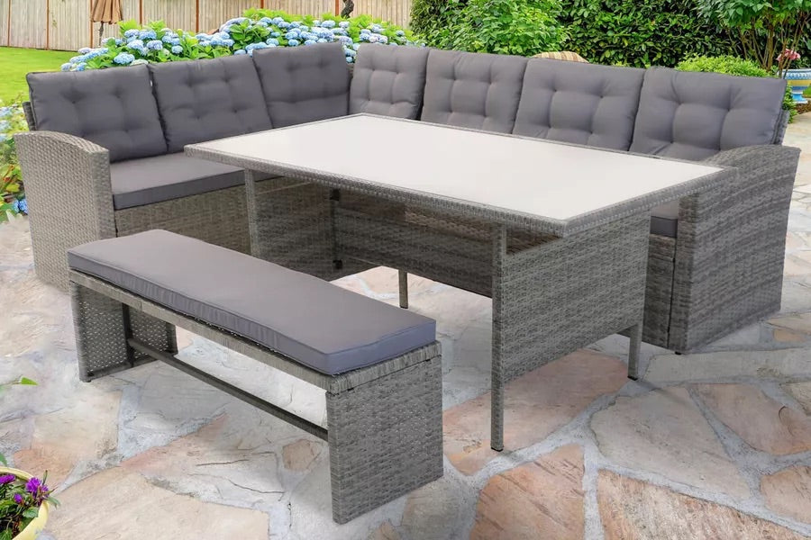 OUTFLEXX Loungemöbel, hellgrau meliert/grau, Polyrattan/Polyester, Tisch 145x79cm, 4 tlg., 7 Pers, inkl. Polster -23% HANDARBEIT