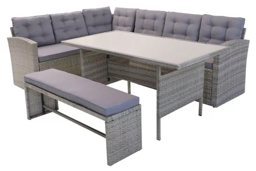 OUTFLEXX Loungemöbel, hellgrau meliert/grau, Polyrattan/Polyester, Tisch 145x79cm, 4 tlg., 7 Pers, inkl. Polster -23% HANDARBEIT