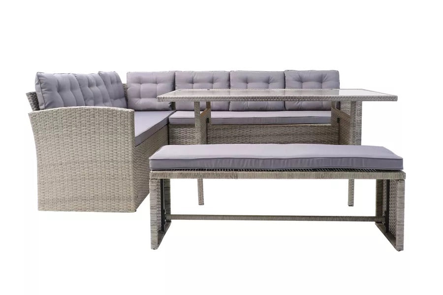 OUTFLEXX Loungemöbel, hellgrau meliert/grau, Polyrattan/Polyester, Tisch 145x79cm, 4 tlg., 7 Pers, inkl. Polster -23% HANDARBEIT