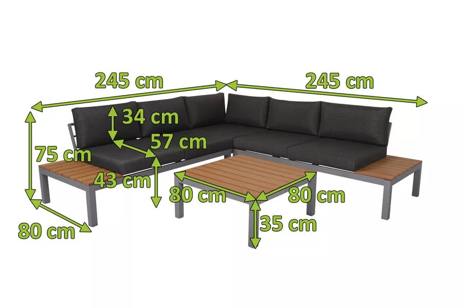 VILLANA Ecklounge, silber/dunkelgrau, Alu/Polywood, 5 Personen, inkl. Loungetisch, Seitenablagen aus Polywood