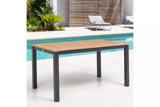 OUTFLEXX Ausziehtisch, anthrazit matt, Alu/FSC-Teak, 150/210x90cm, Synchronauszug mit Butterfly-Funktion