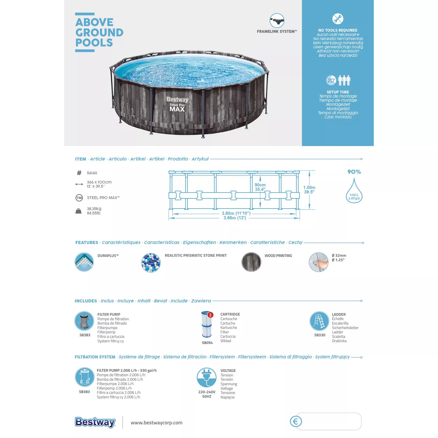 Aufstellpool 'Steel Pro MAX' Komplett-Set, grau rund Ø 366 x 100 cm