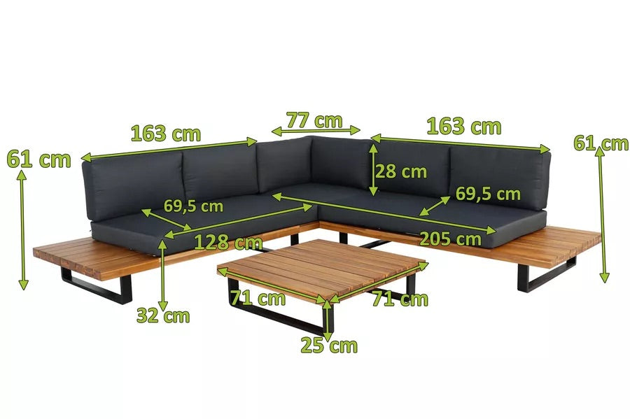 OUTFLEXX Ecklounge, anthrazit, Akazie, 5 Personen, inkl. Polster und Kaffeetisch 77 x 77 cm