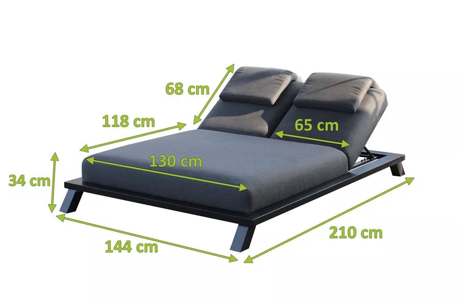 OUTFLEXX Exklusivmodell Blain Doppelliege, sooty, Alu/Sunbrella, 210 x 144 x 34 cm, inkl. verstellbarer Rückenlehne