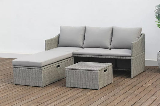 VILLANA 3-Sitzer Sofa, grau, Stahl/Polyrattan, für 3 Personen, inkl. Aufbewahrungsfächern & Fußstützen