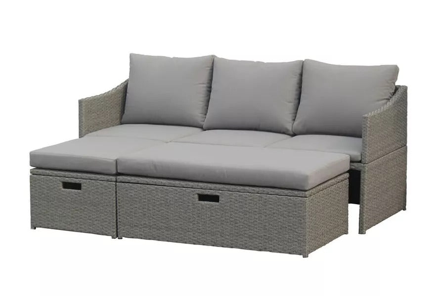 VILLANA 3-Sitzer Sofa, grau, Stahl/Polyrattan, für 3 Personen, inkl. Aufbewahrungsfächern & Fußstützen