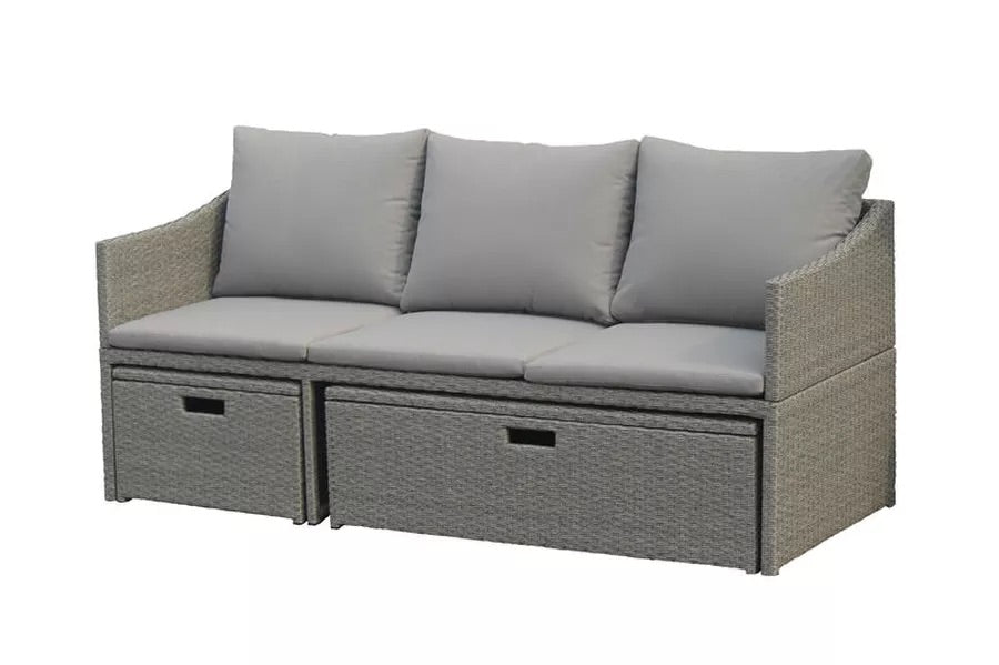 VILLANA 3-Sitzer Sofa, grau, Stahl/Polyrattan, für 3 Personen, inkl. Aufbewahrungsfächern & Fußstützen