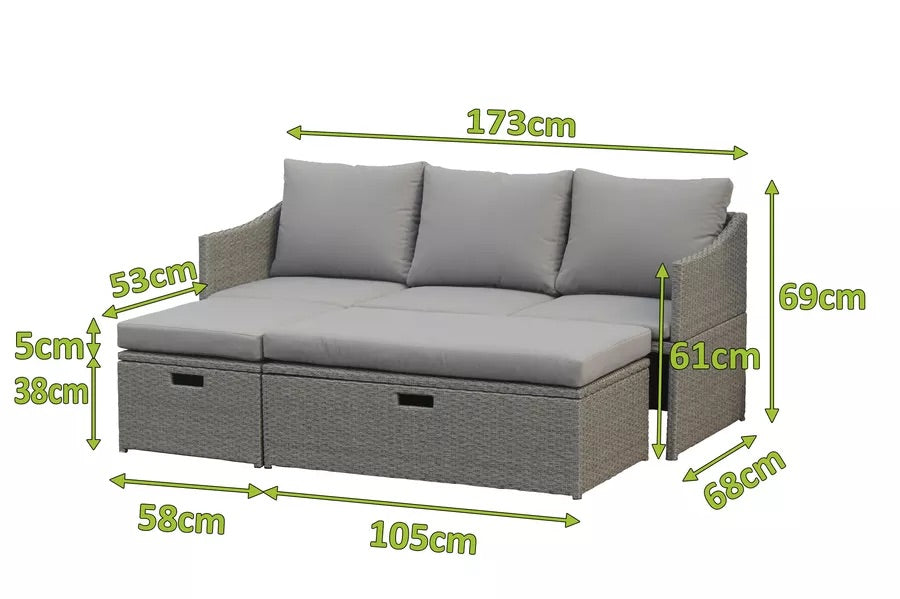 VILLANA 3-Sitzer Sofa, grau, Stahl/Polyrattan, für 3 Personen, inkl. Aufbewahrungsfächern & Fußstützen