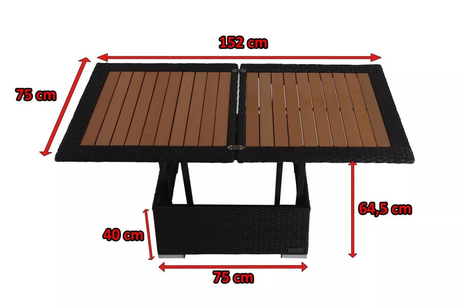 OUTFLEXX Loungetisch höhenverstellbar, schwarz, Polyrattan, 75/152x75x40/64,5cm