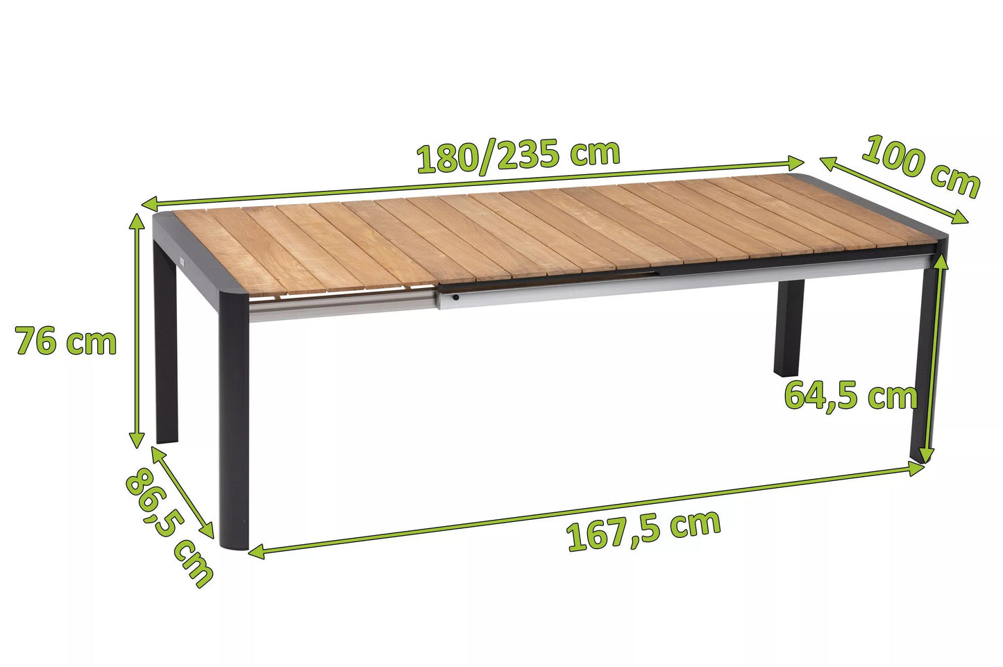 OUTFLEXX Ausziehtisch, anthrazit matt/natur, Alu/Teak, 180/235x100 cm, ausziehbar