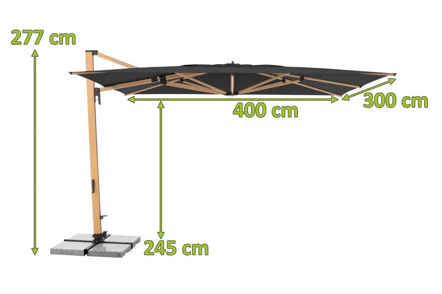 DOPPLER ALU WOOD XL Ultra Pendelschirm, anthrazit, Aluminium/ Polyester, 400x300x277 cm, inkl. Standkreuz & LED-Beleuchtung