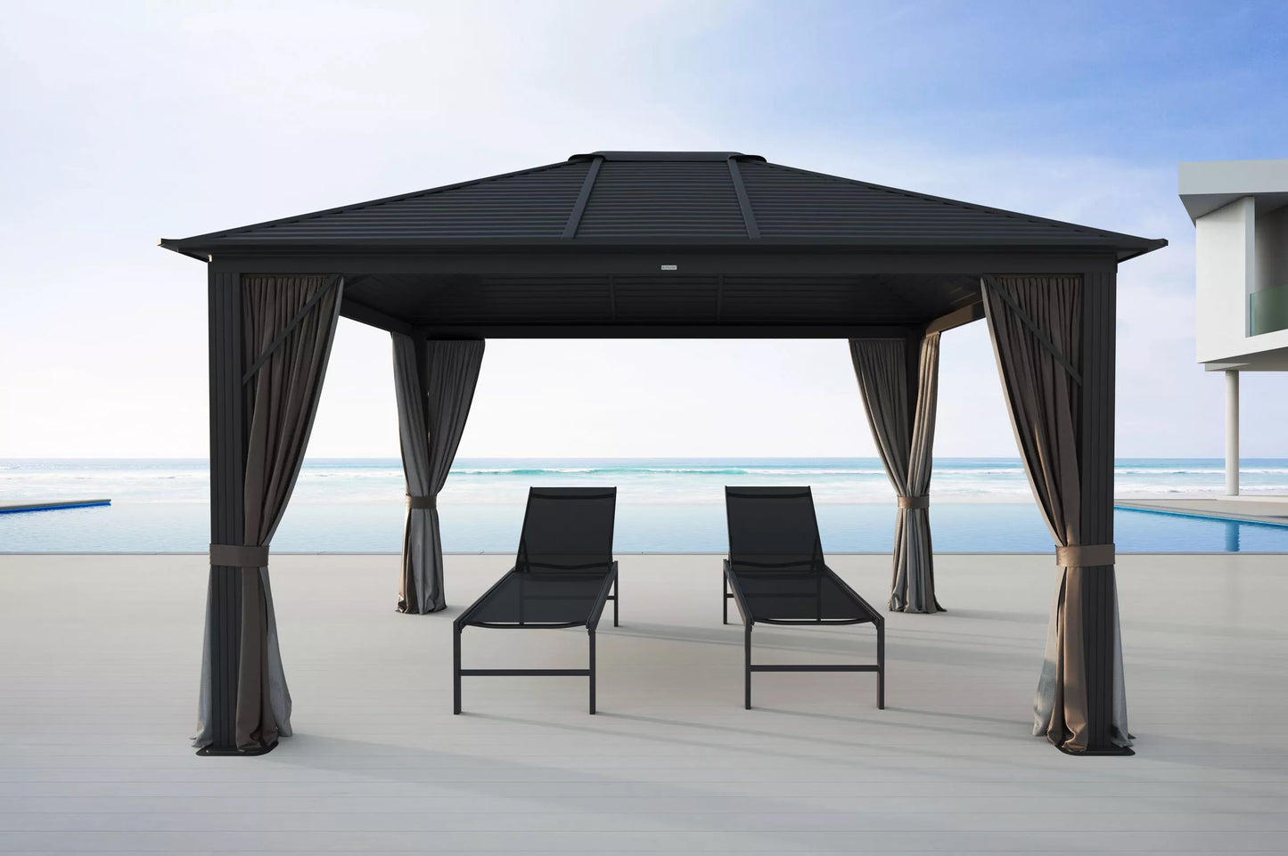 OUTFLEXX Hardtop Pavillon, braun, Aluminium, 300x365cm, inkl. Seitenteile und Insektennetz