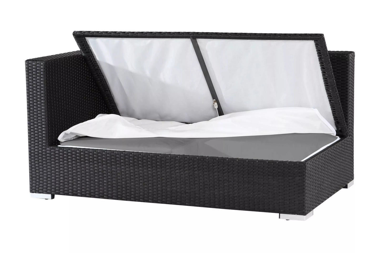 OUTFLEXX 2-Sitzer Ecksofa, schwarz, Polyrattan, 145x85x70cm, Armlehne rechts, wasserfeste Kissenbox