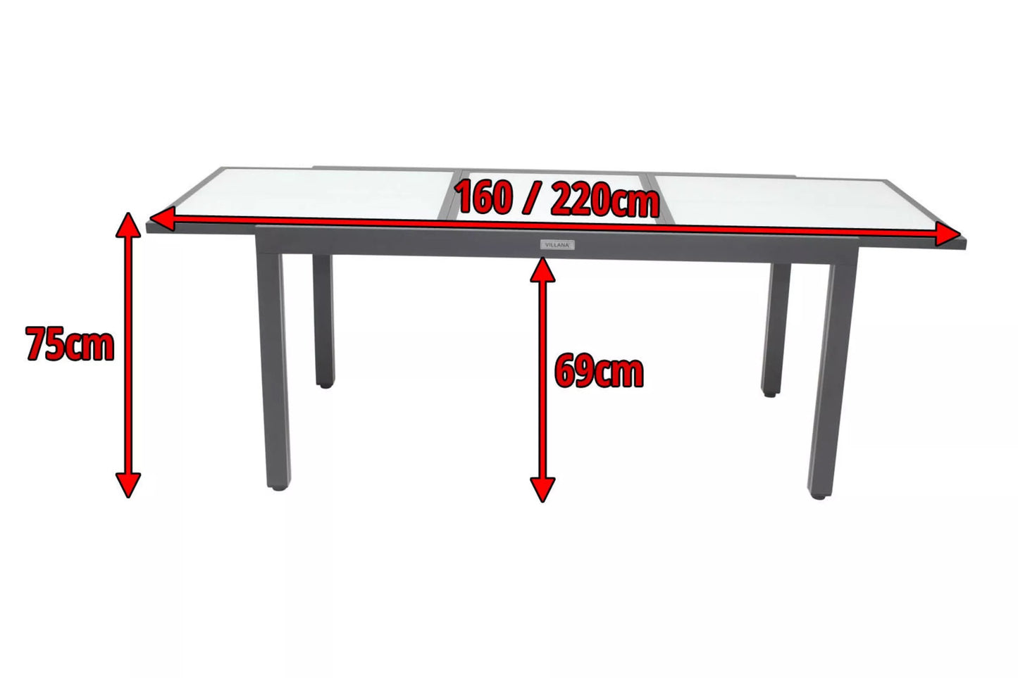 VILLANA Ausziehtisch, anthrazit/weiß, Aluminium/Sicherheitsglas, 160/220 x 90 x 75 cm