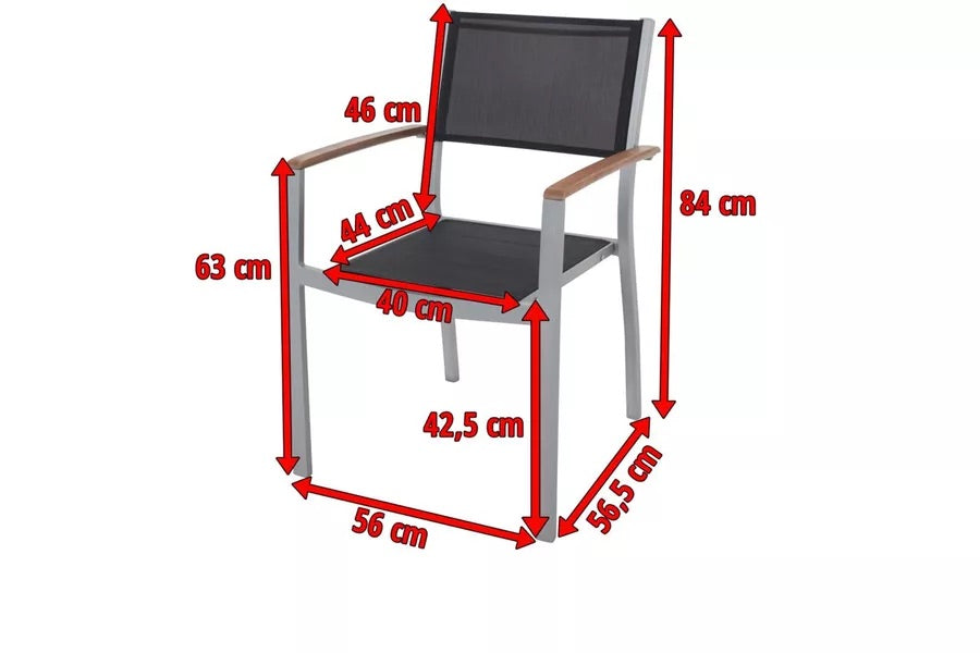 VILLANA Stapelsessel, silber/schwarz, Alu/Textilene, 57 x 56 x 84 cm, FSC Akazienholz Armlehnen