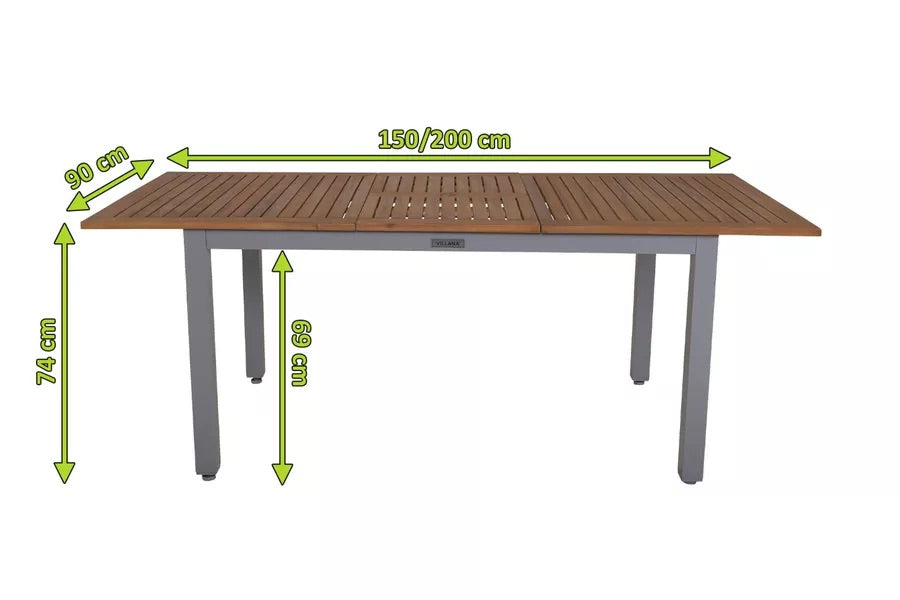 VILLANA Ausziehtisch, FSC-Akazienholz/Aluminium, silber, 150/200 x 90 cm, Geölt, Pulverbeschichetet