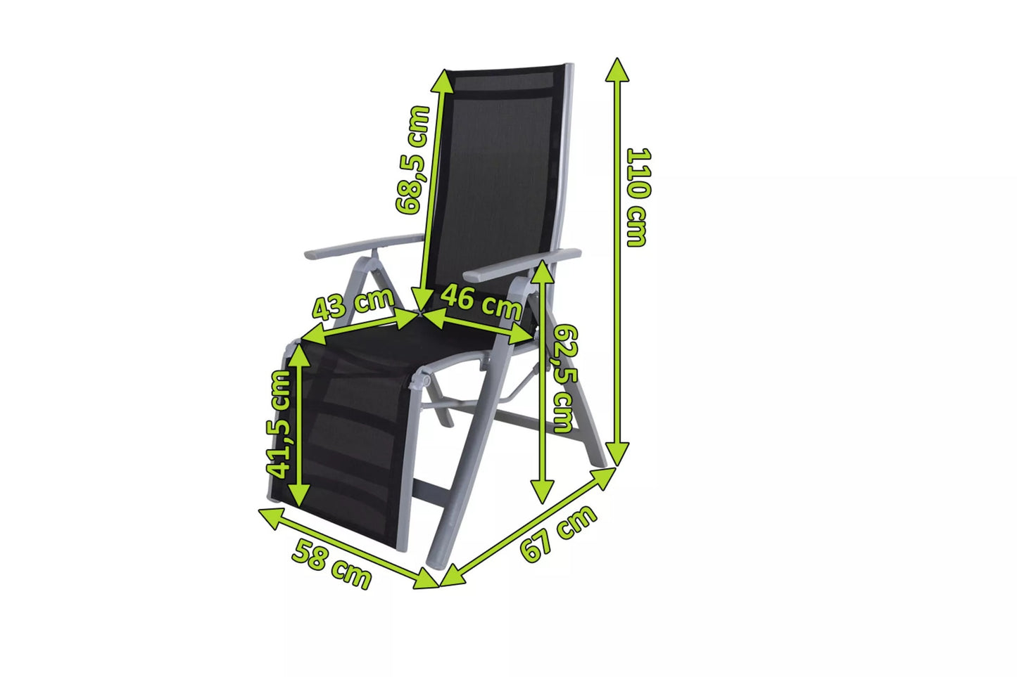 VILLANA Relaxsessel, silber/schwarz, Alu/Textilene, 67 x 58 x 110 cm, klappbar