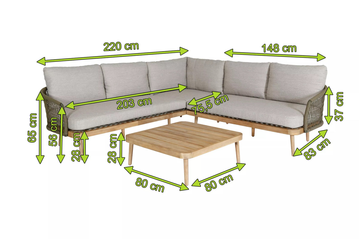 OUTFLEXX Ecklounge, olive green, Rope/Akazie, 5 Personen, inkl. Polster in Sandfarbe und Kaffeetisch 80 x 80 cm