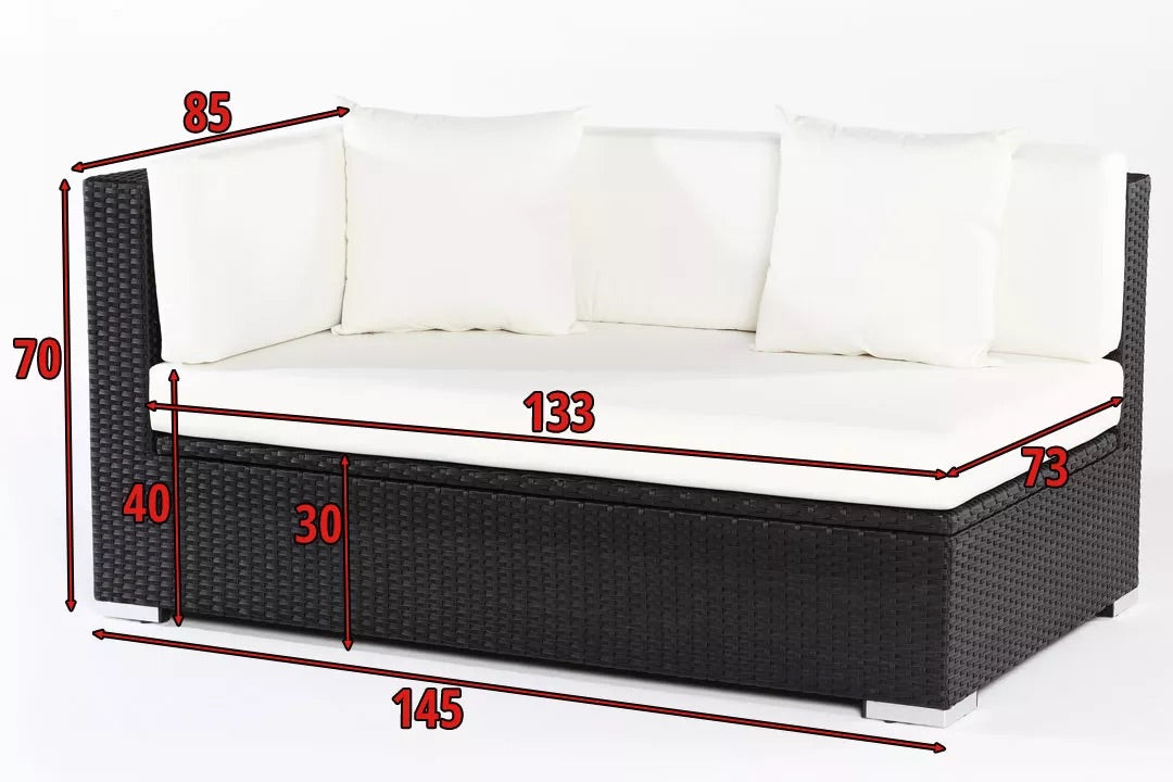 OUTFLEXX 2-Sitzer Ecksofa, schwarz, Polyrattan, 145x85x70cm, Armlehne rechts, wasserfeste Kissenbox