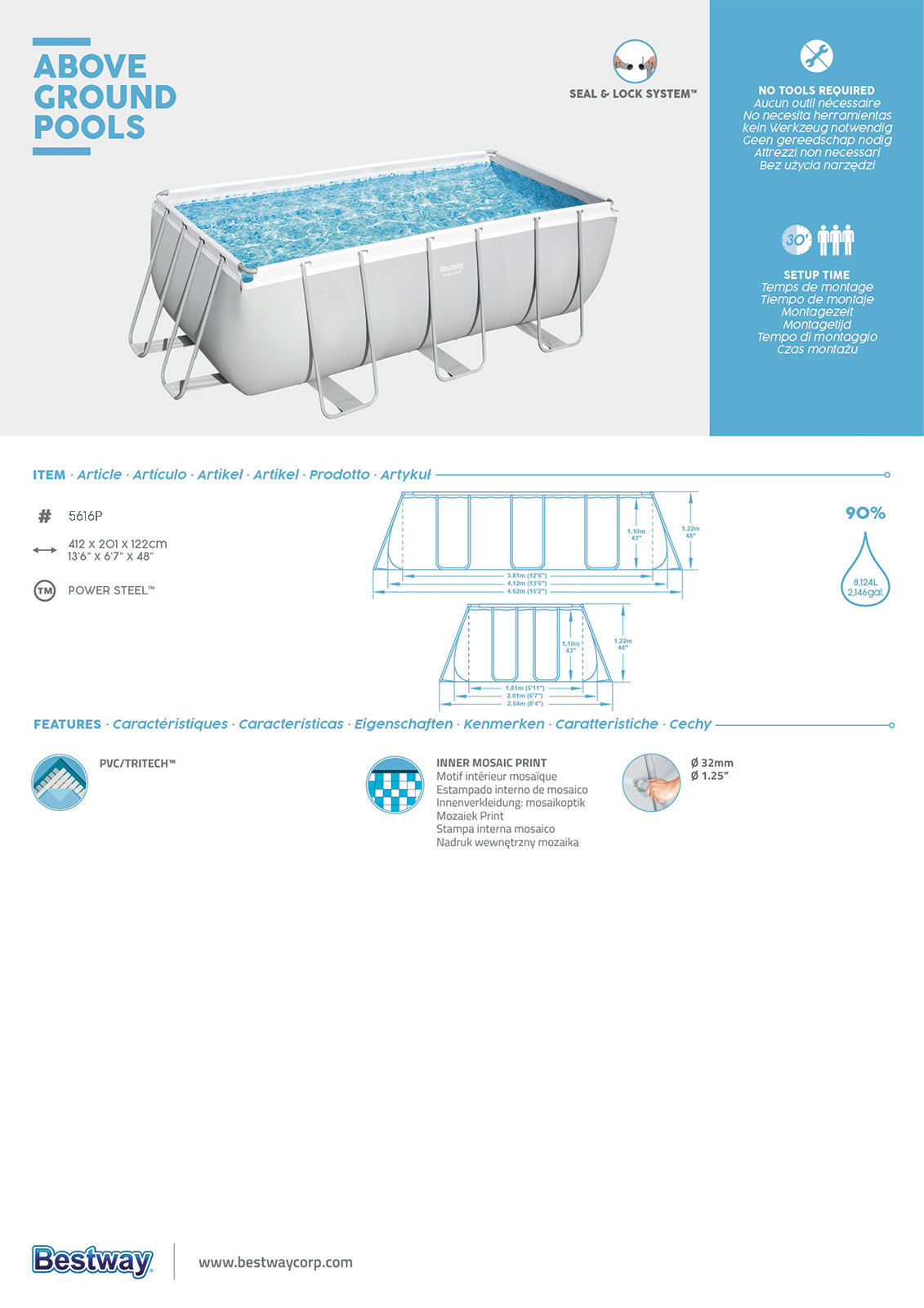 Power Steel™ Solo Pool 412 x 201 x 122 cm, lichtgrau, ecking