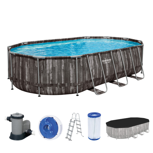 Power Steel™ Frame Pool Komplett-Set mit Filterpumpe 610 x 366 x 122 cm , Holz-Optik (Mooreiche), oval