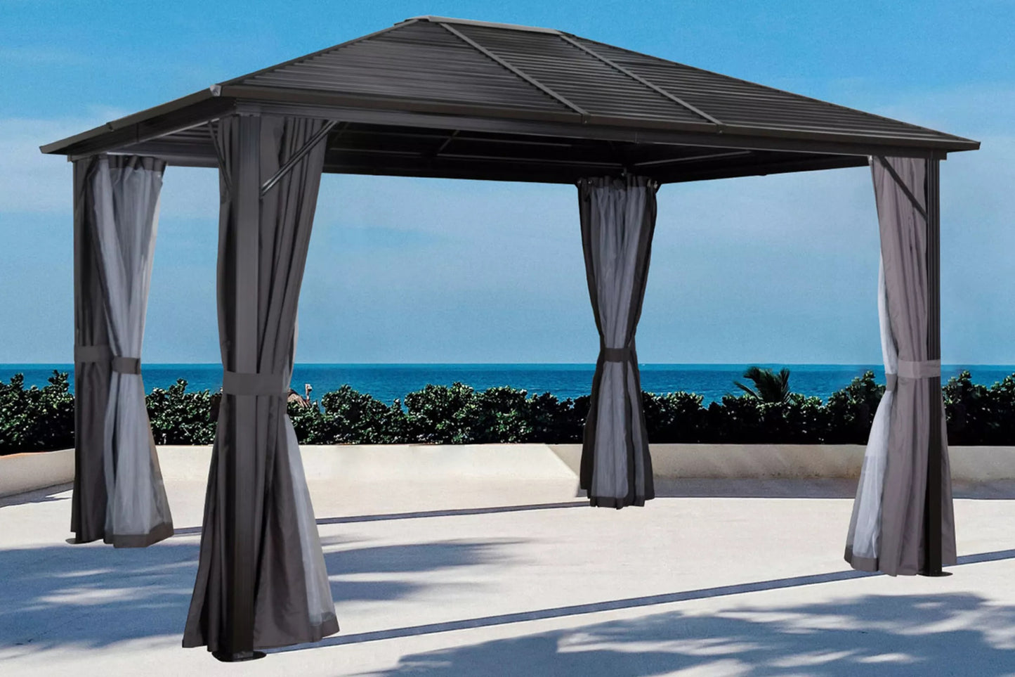 OUTFLEXX Hardtop Pavillon, braun, Aluminium, 300x365cm, inkl. Seitenteile und Insektennetz